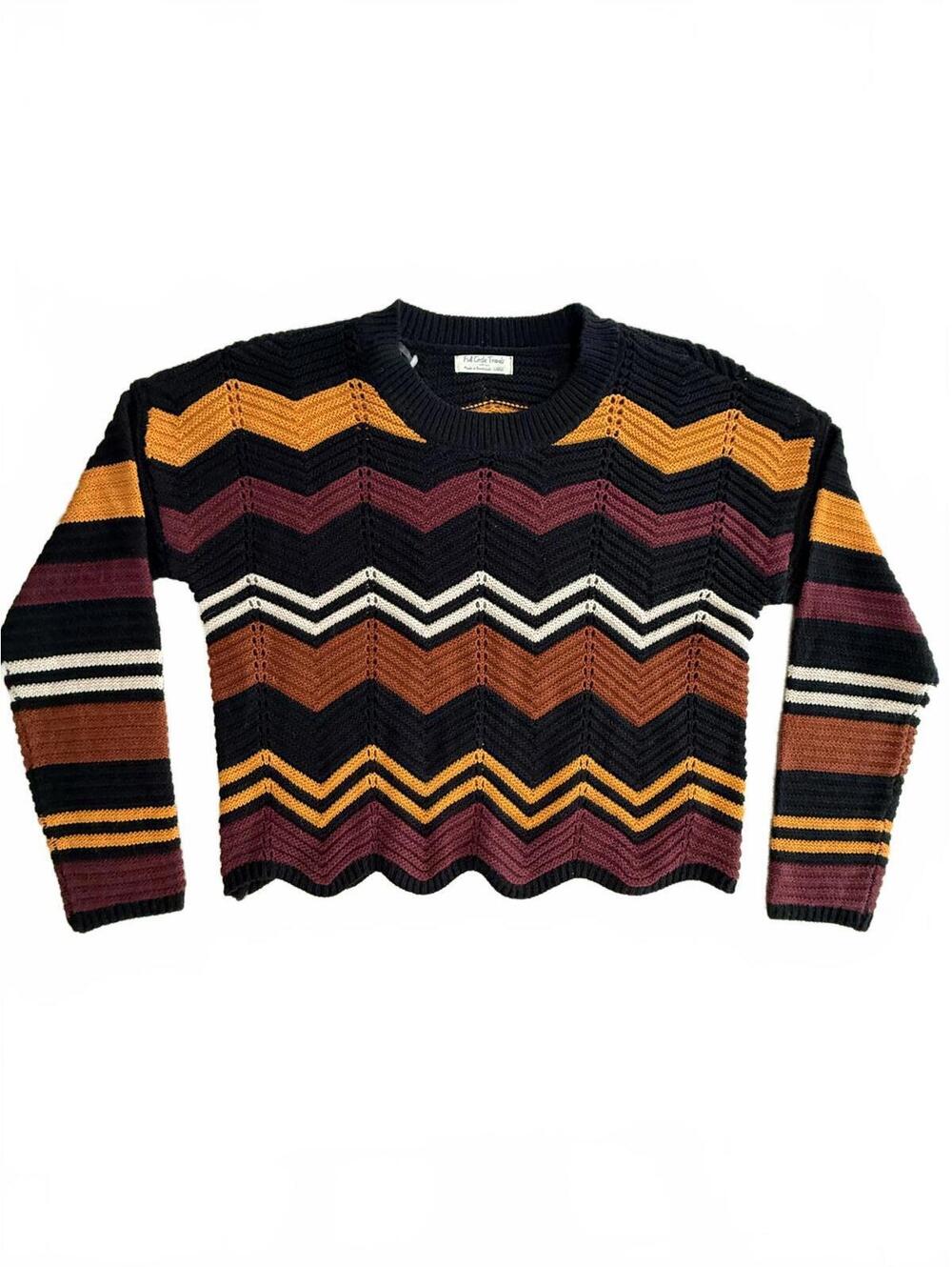 Vintage Boho Chevron Zig Zag Knit Sweater Multi-Color Earth Tones L Retro Cozy
